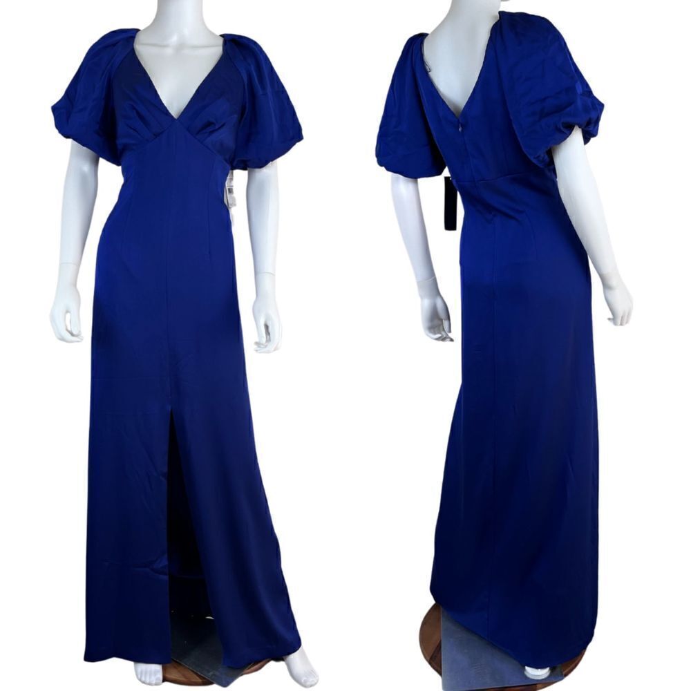 Aidan Mattox Women Size 6 Blue Puffed Sleeve Satin Maxi NEW Gown Dress Formal